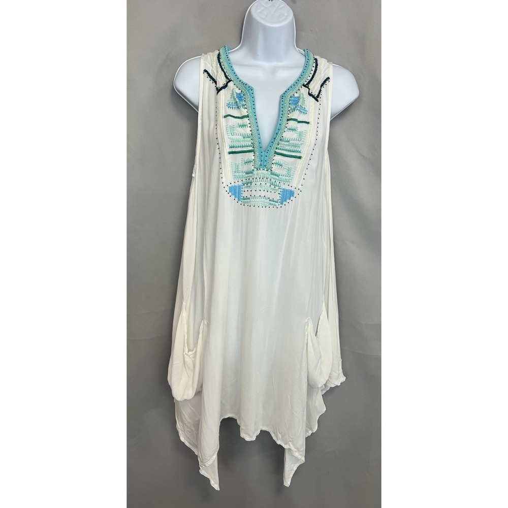 Forcynthia Beachwear Boho Swimwear Cover Up White Swing dress‎ embroidered Sz XS